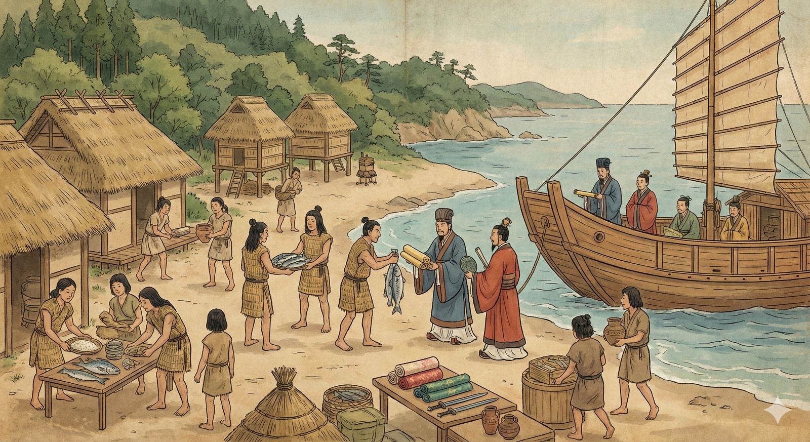 金印から卑弥呼と魏志倭人伝の世界へ話題をつなぐイメージの説明