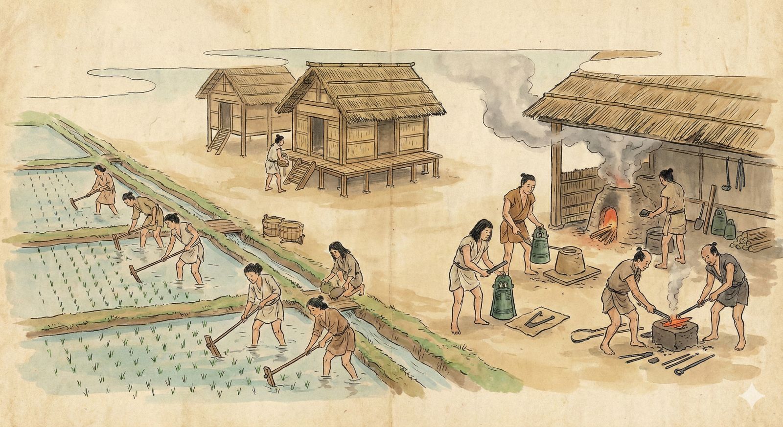 縄文から弥生への移行を示す土器と田んぼのイメージを説明する画像