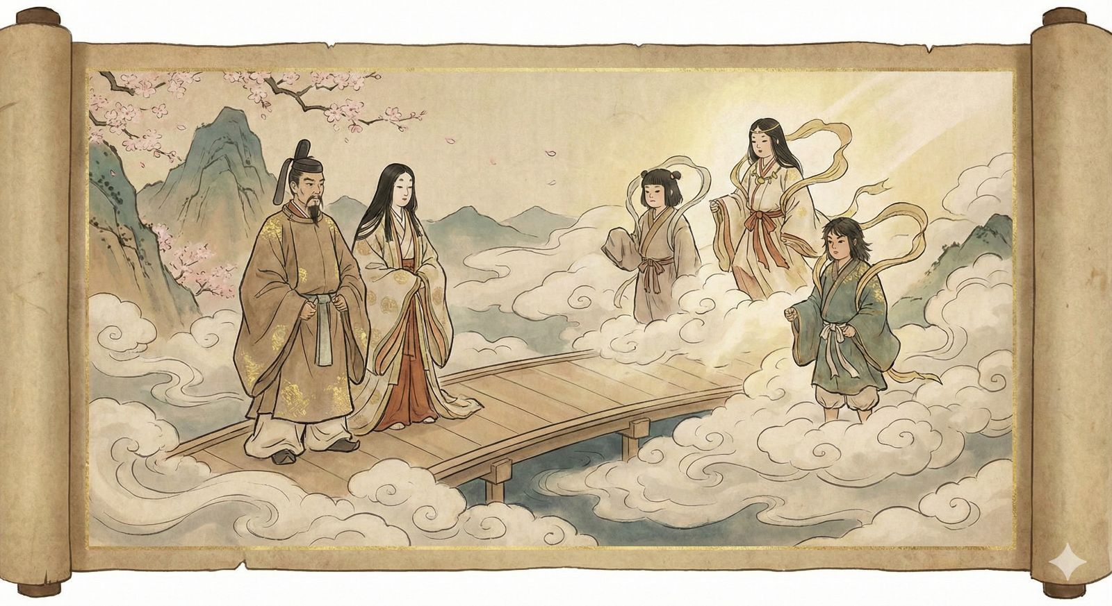 高天原で三貴子が役割を与えられ対立へ向かう場面を象徴的に描いたイメージ