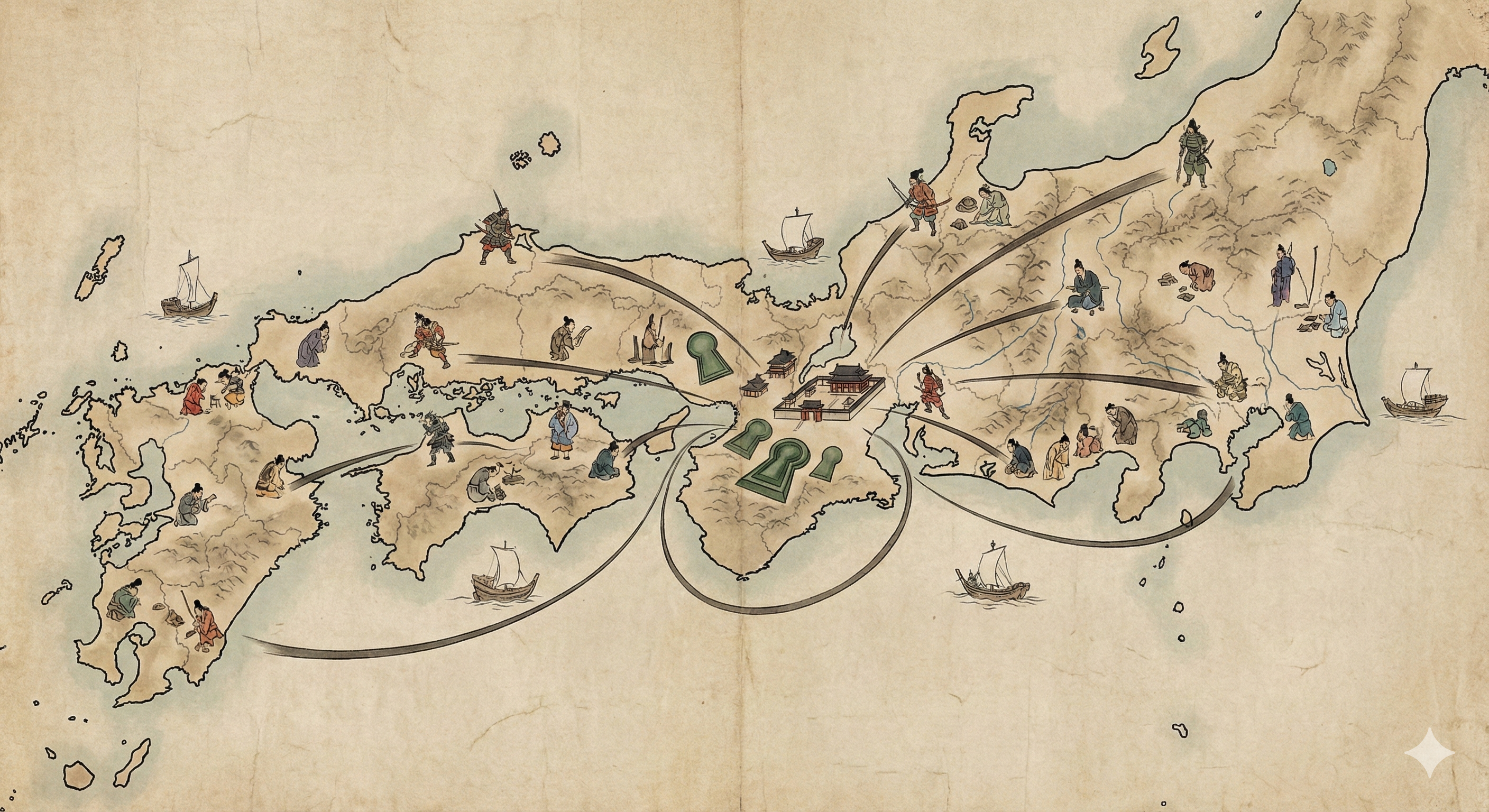 次の章で扱うヤマト王権の台頭と領域拡大をイメージした地図風イラストの説明