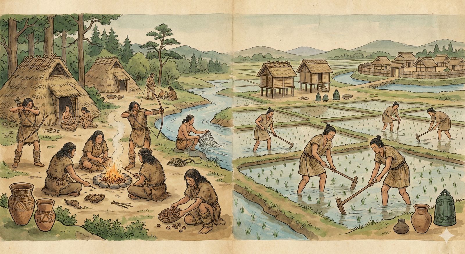 稲作と金属器から首長国や祭祀へつながる流れをイメージした画像