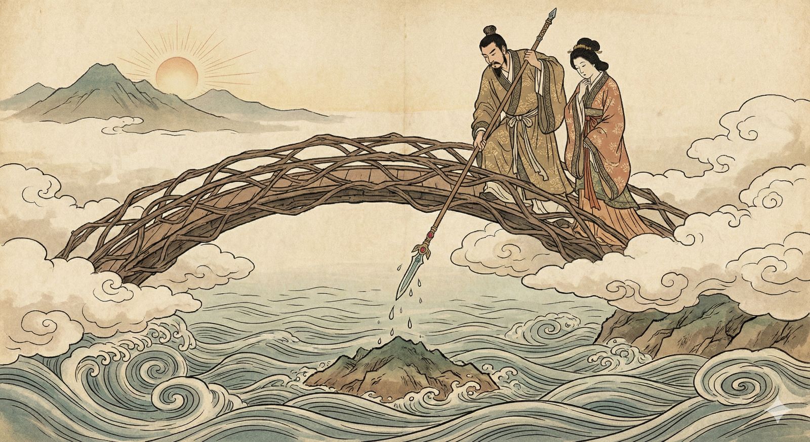 イザナギとイザナミが国づくりをしている場面のイラスト