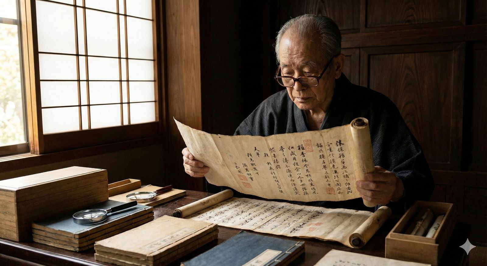 書物を広げて古代の記述を指差している画像