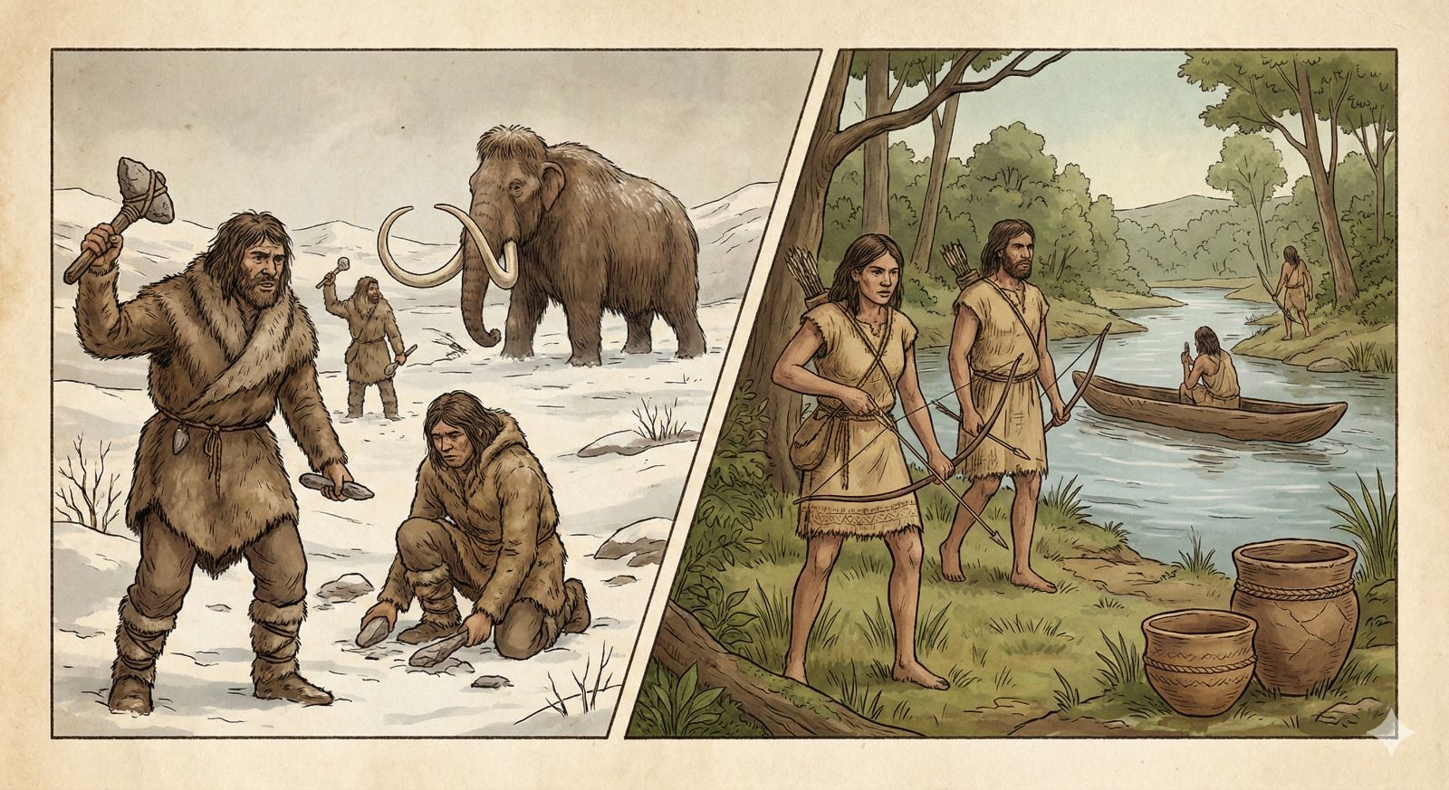 氷河期の終わりと環境変化を示すイメージ図の説明