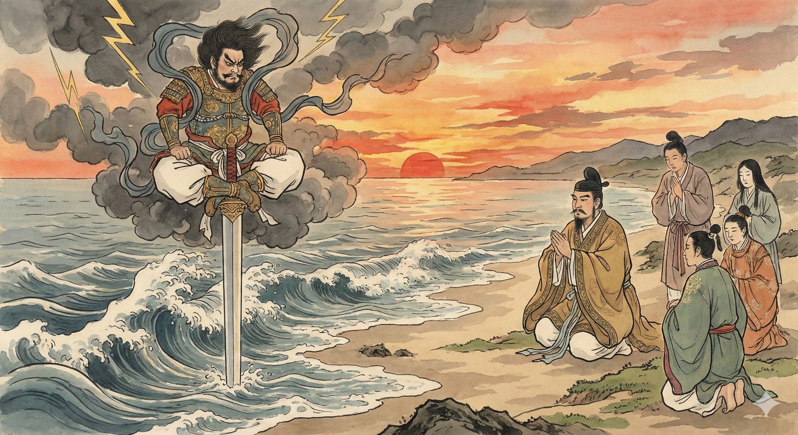 タケミカヅチがオオクニヌシに国譲りを迫っている場面