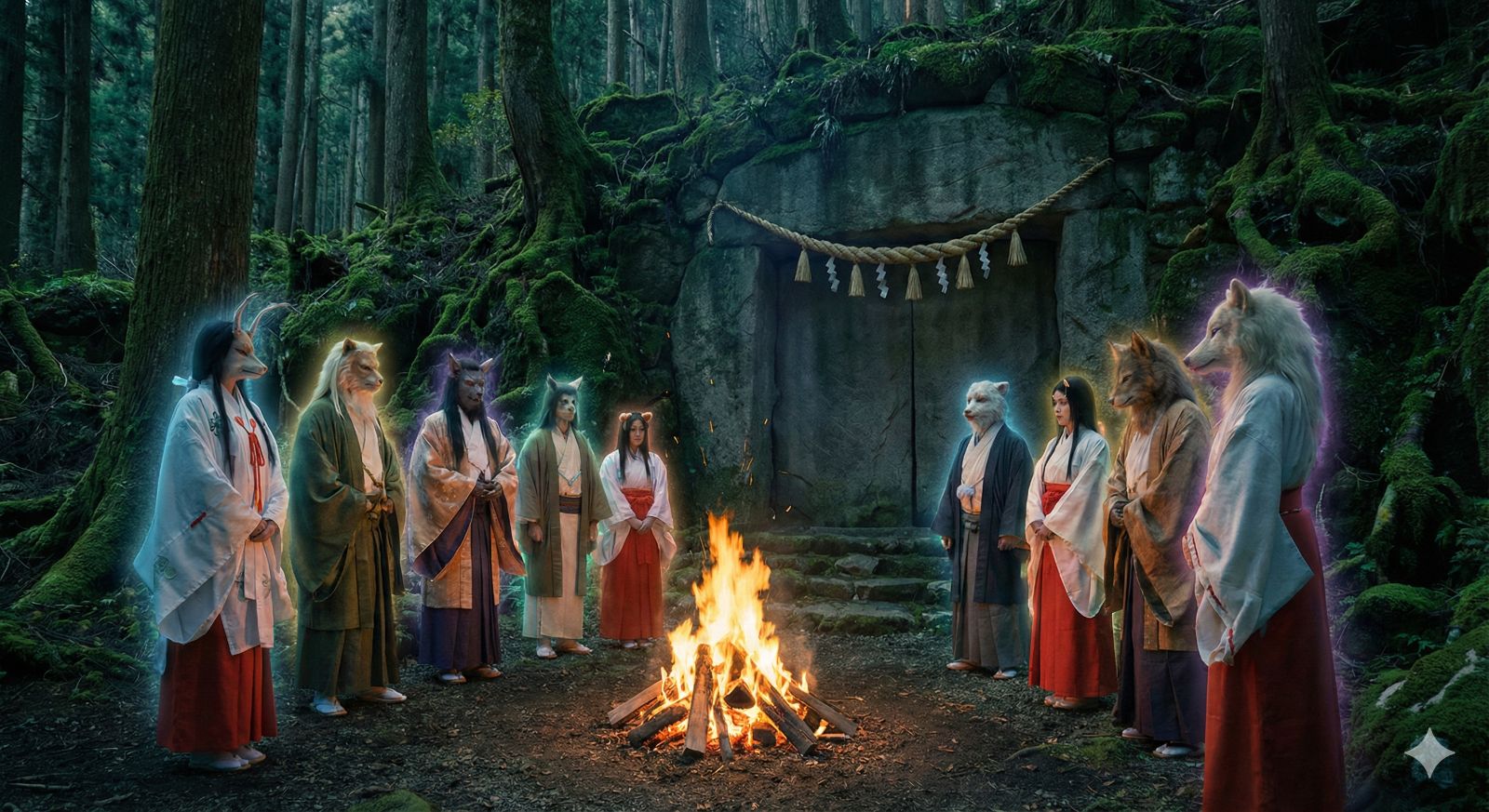 暗闇の世界でアメノウズメが踊り、神々が笑っている様子