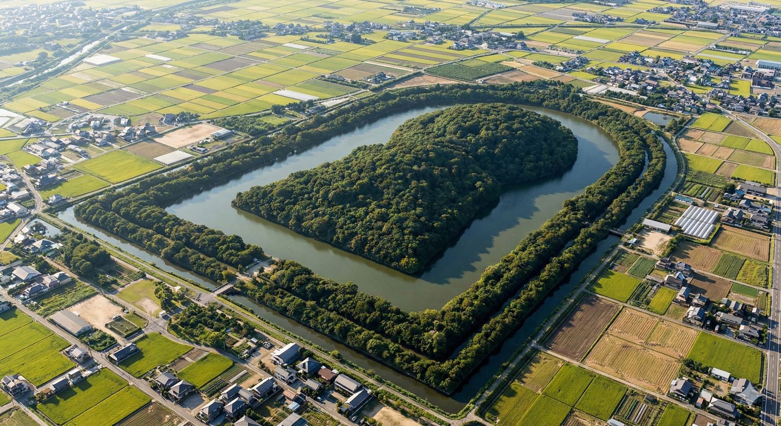 巨大な前方後円墳が平野に横たわっている航空写真
