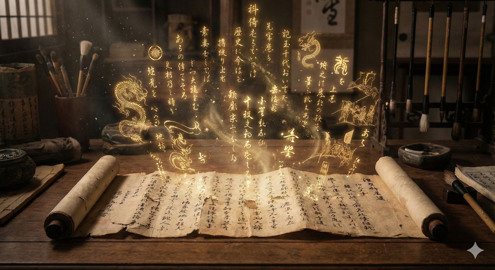 古い書物のページが開かれ、文字が浮かび上がっているイメージ