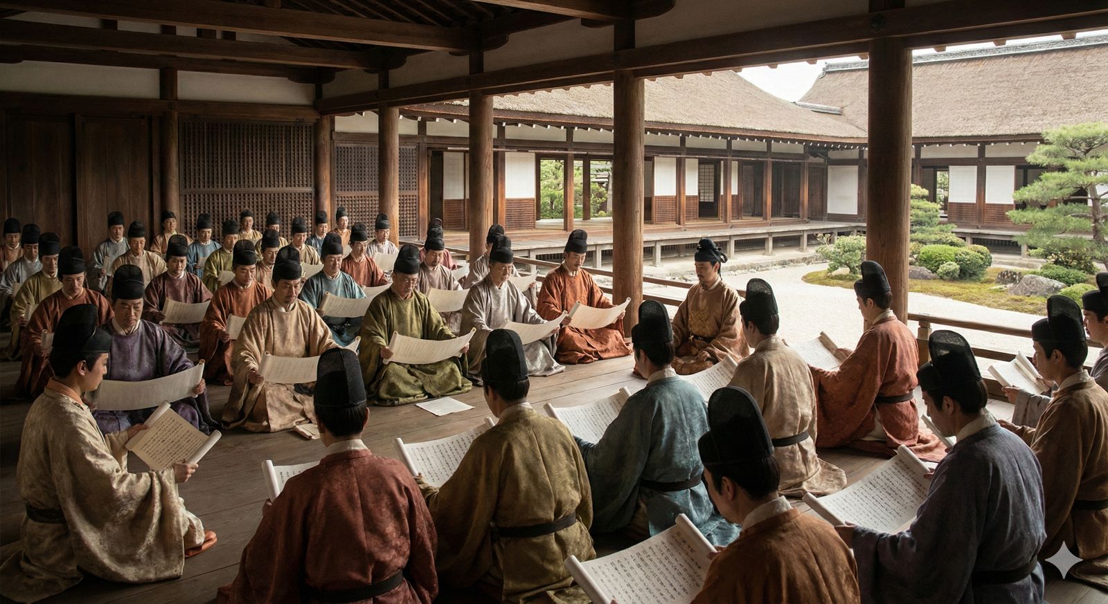 飛鳥時代の宮廷で役人たちが十七条憲法を読んでいる様子。背景には当時の建築様式の建物がある。