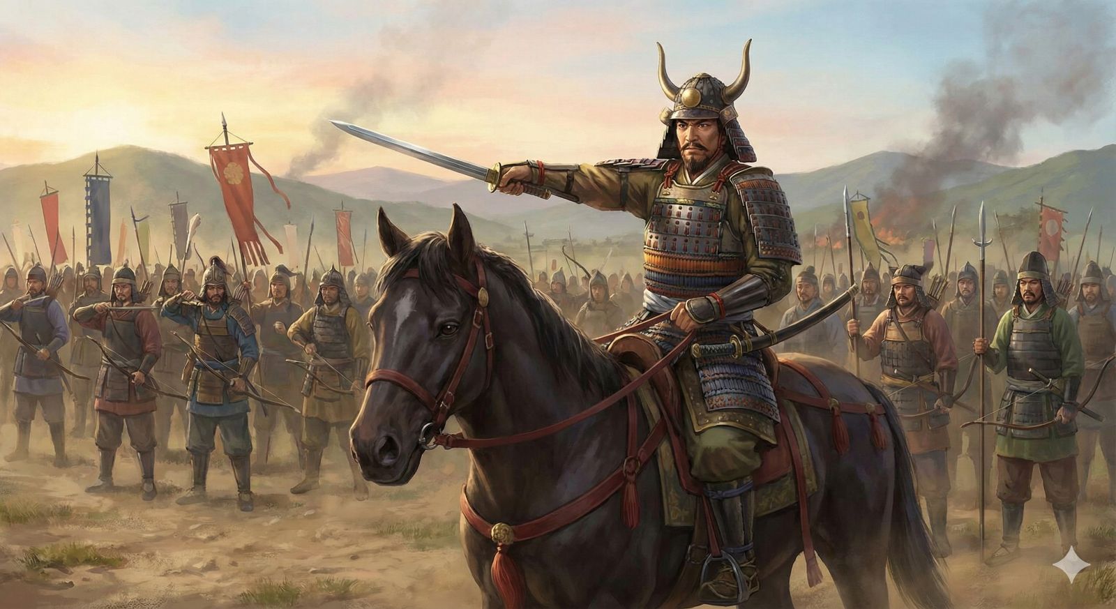 壬申の乱で軍を指揮する天武天皇（大海人皇子）の勇ましい姿。古代日本の鎧を身につけている。