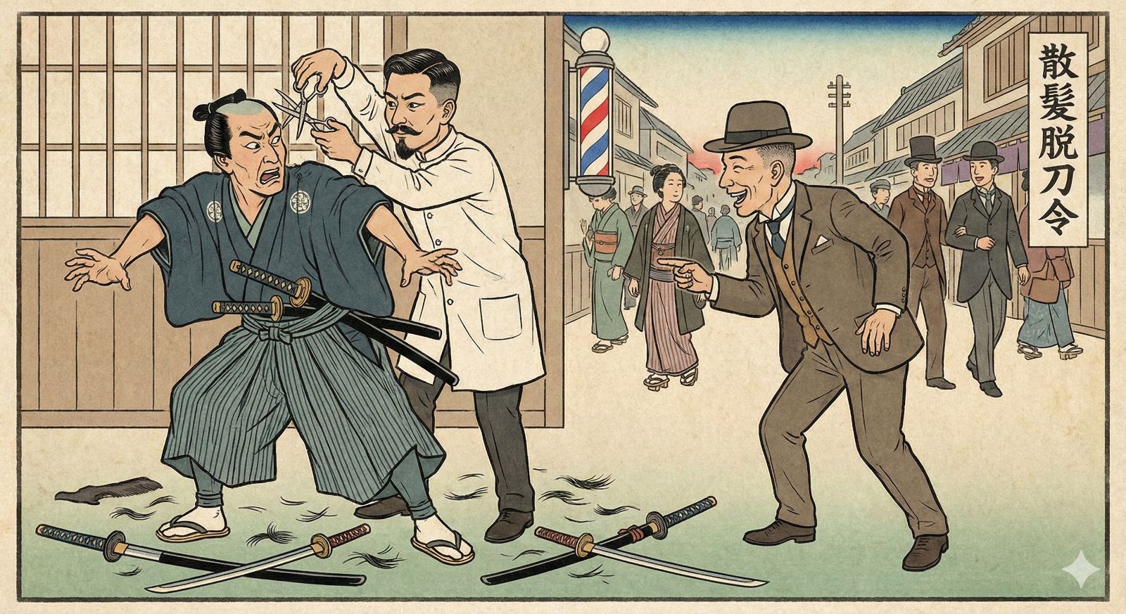 明治時代の散髪脱刀令の風刺画