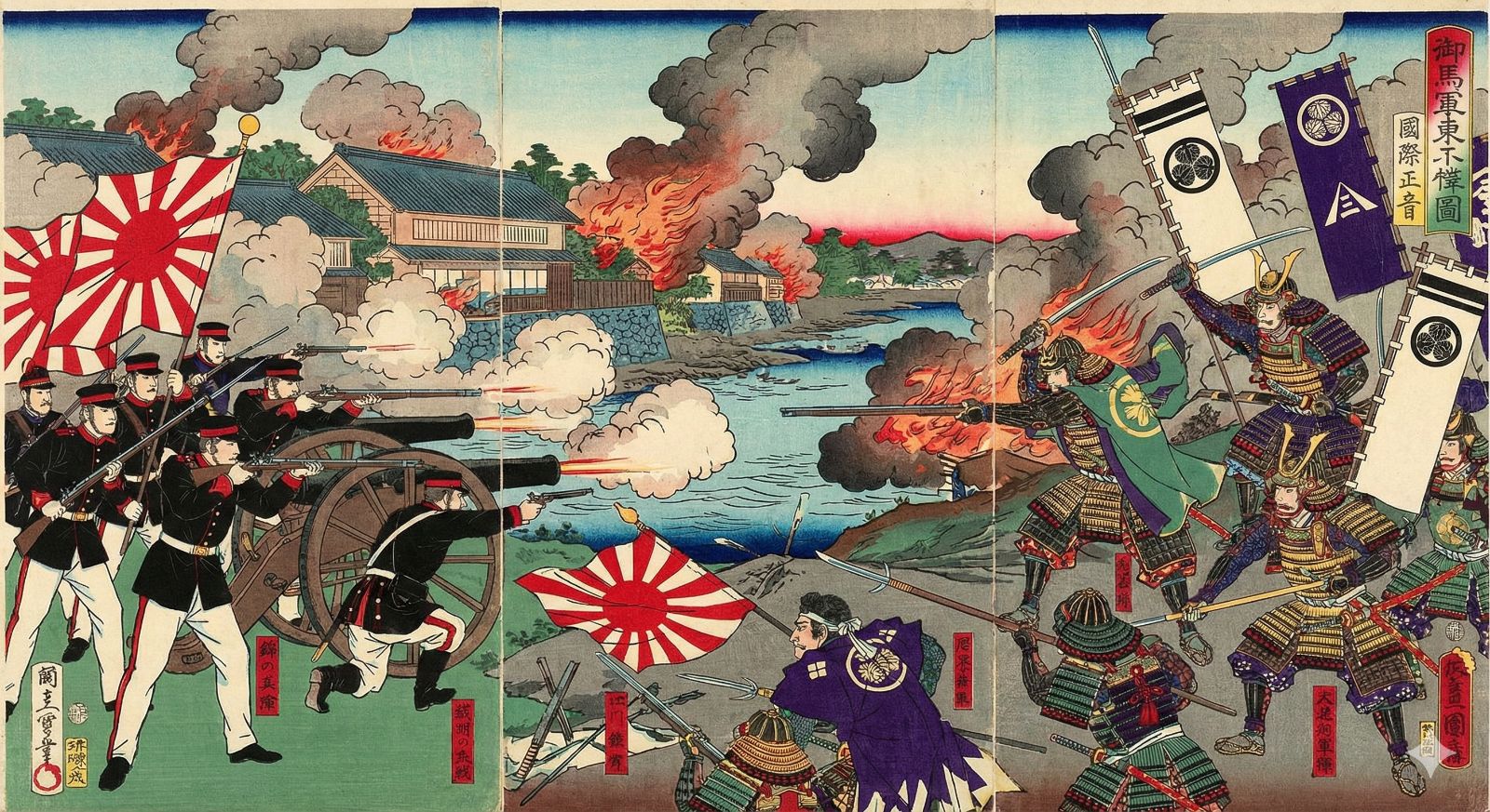 鳥羽伏見の戦いで対峙する新政府軍と旧幕府軍の錦絵