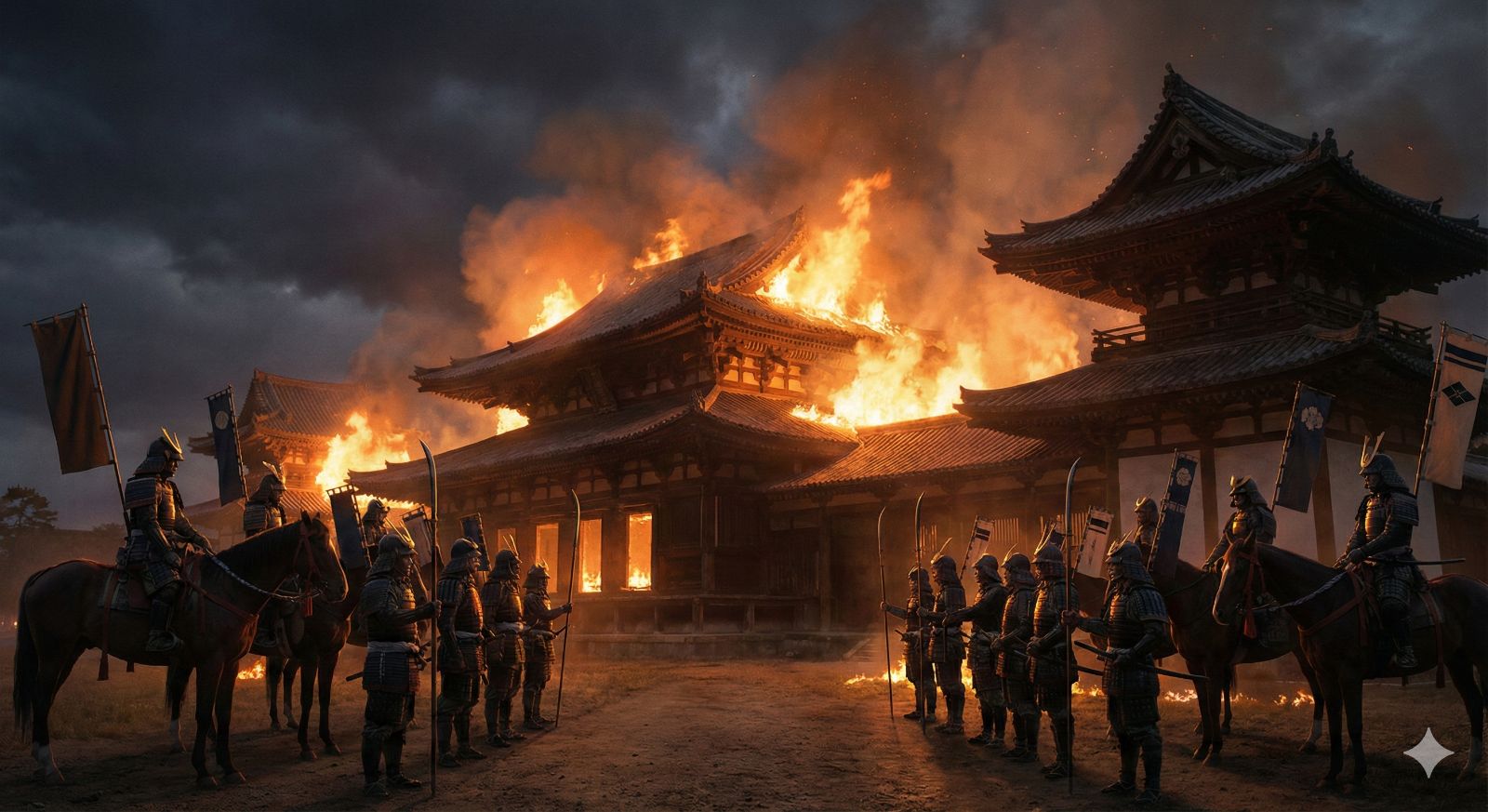 燃え上がる寺院と対峙する豪族たちのイメージ