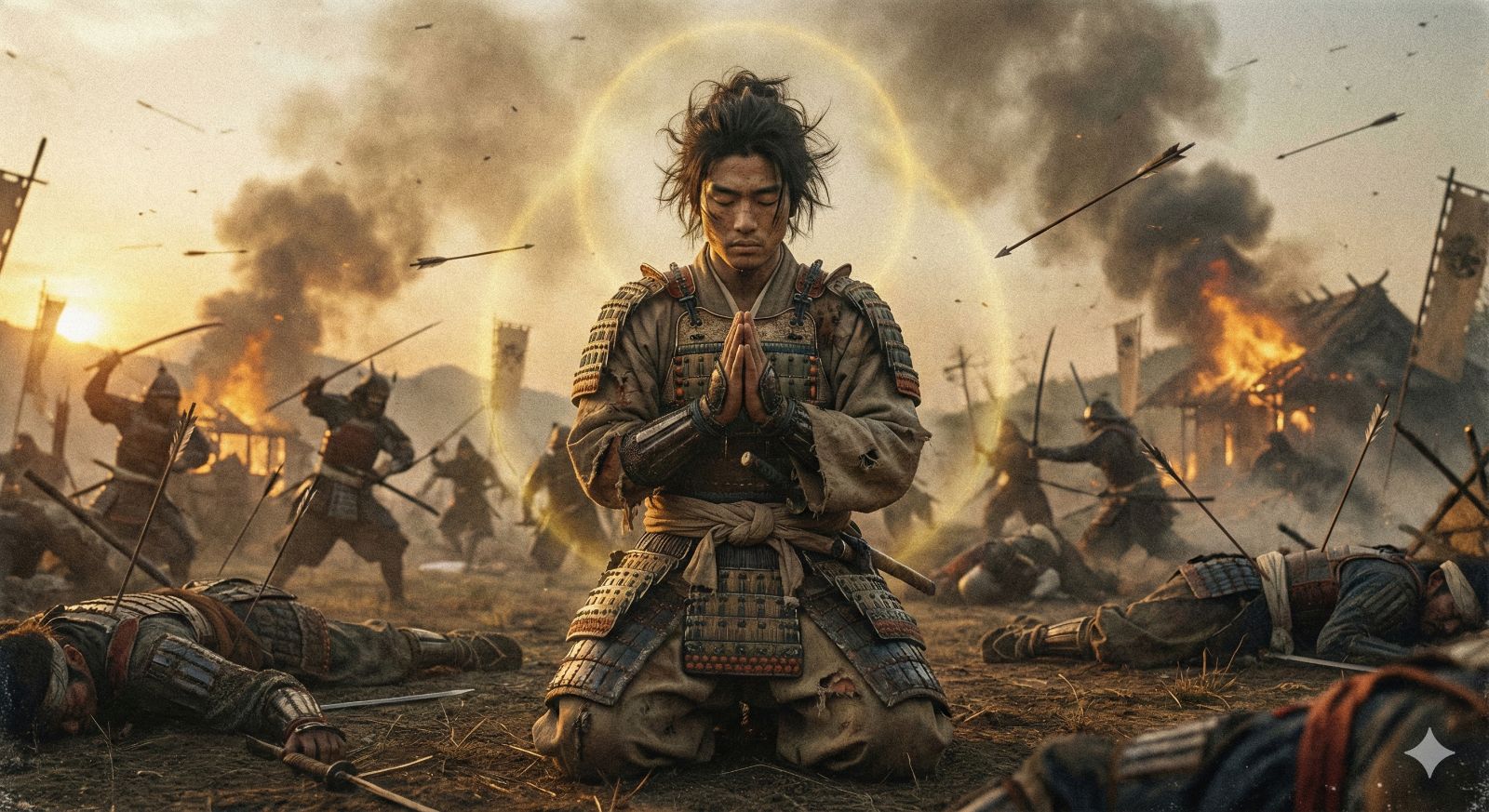 戦場で祈りを捧げる若き聖徳太子のイメージ