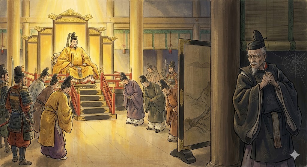 強大な権力を持った嵯峨天皇と、その影で機会を窺う藤原良房の対比イメージ