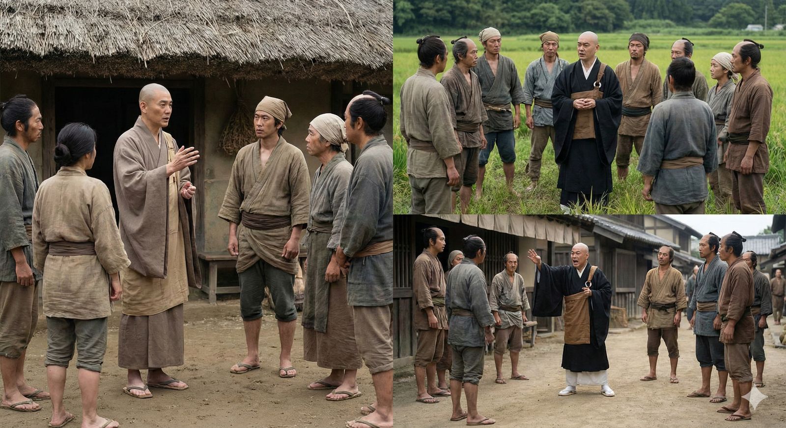 法然や親鸞、日蓮など鎌倉新仏教の開祖たちが、それぞれの方法で庶民に教えを説いている様子