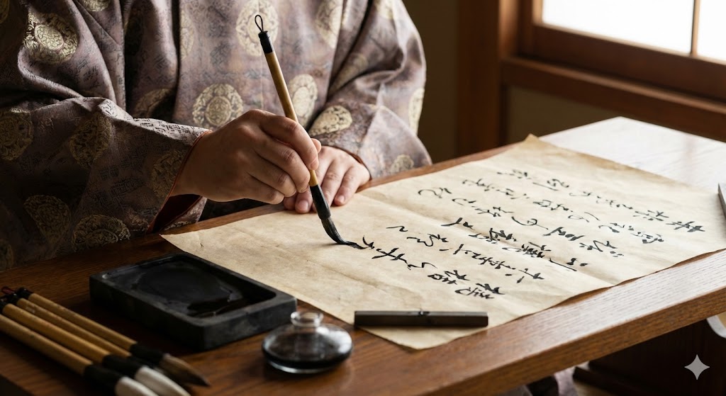 筆を使ってさらさらと文字を書いている平安貴族の手元