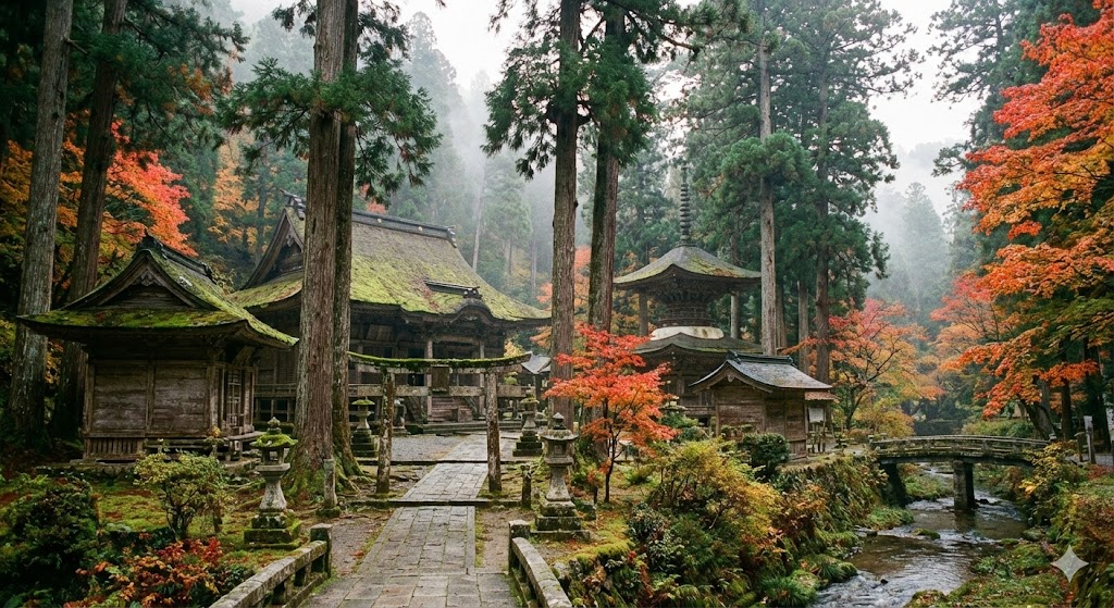 山奥にある静かな寺院の風景