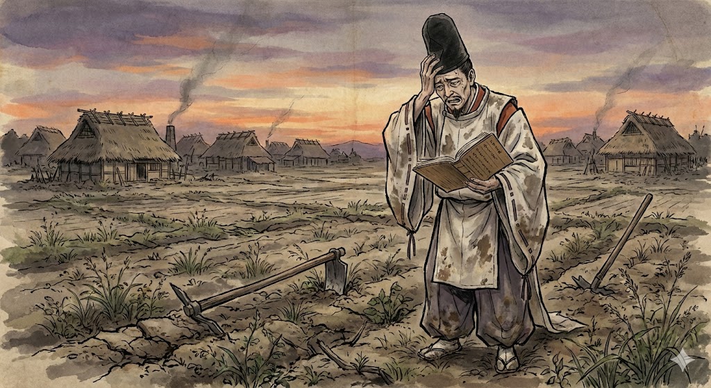荒れ果てた農地と、戸籍台帳を片手に困り果てる平安時代の役人のイラスト。背景には夕暮れの寂しい村落。