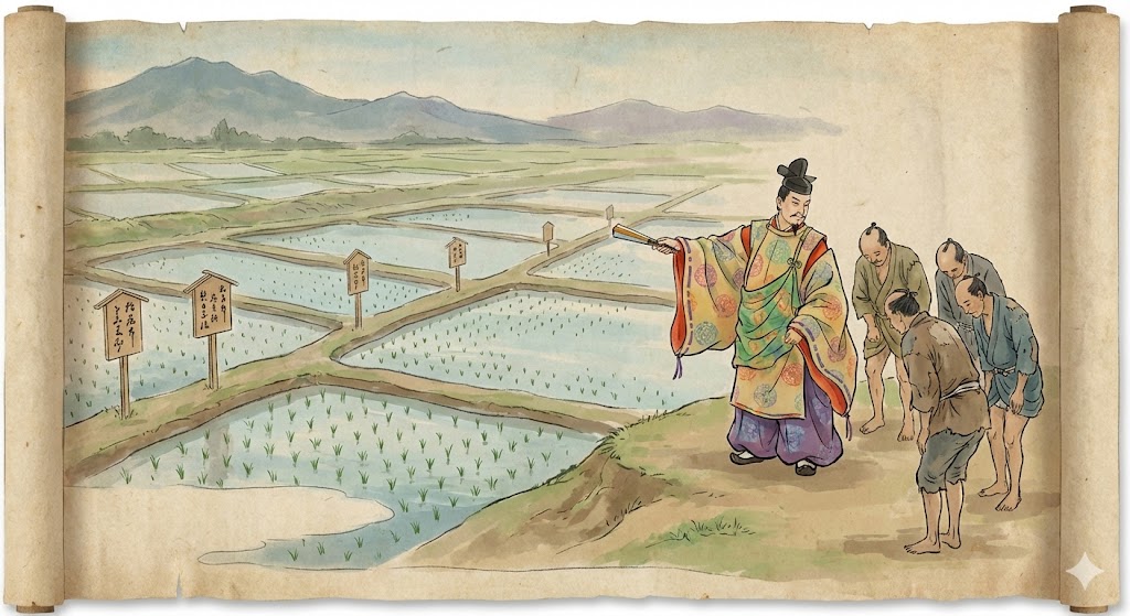 豪華な衣装を身につけた国司が、農民たちに指示を出している様子。背景には新しく開墾された田んぼと、その所有権を示す立札がある。