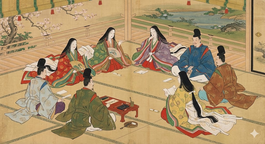 貴族たちが丸く座って、和歌を詠み合っているサロンの様子