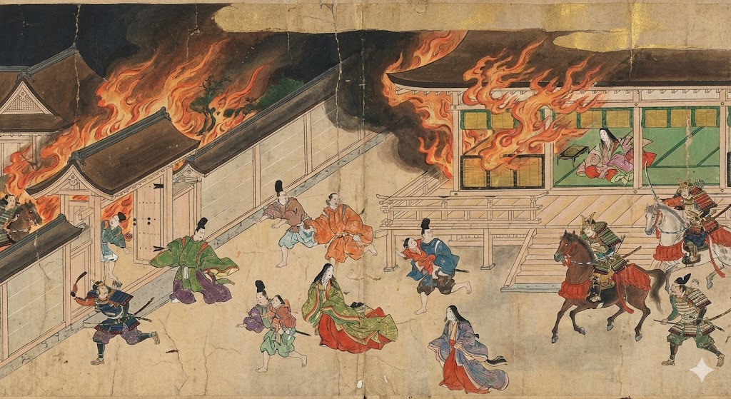 燃え上がる三条殿と逃げ惑う公家たちの様子を描いた平治物語絵巻の画像