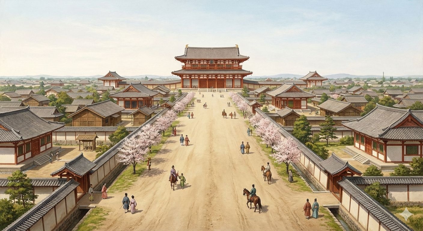 整然と区画された平城京の朱雀大路と、その奥にそびえる大極殿のイメージ