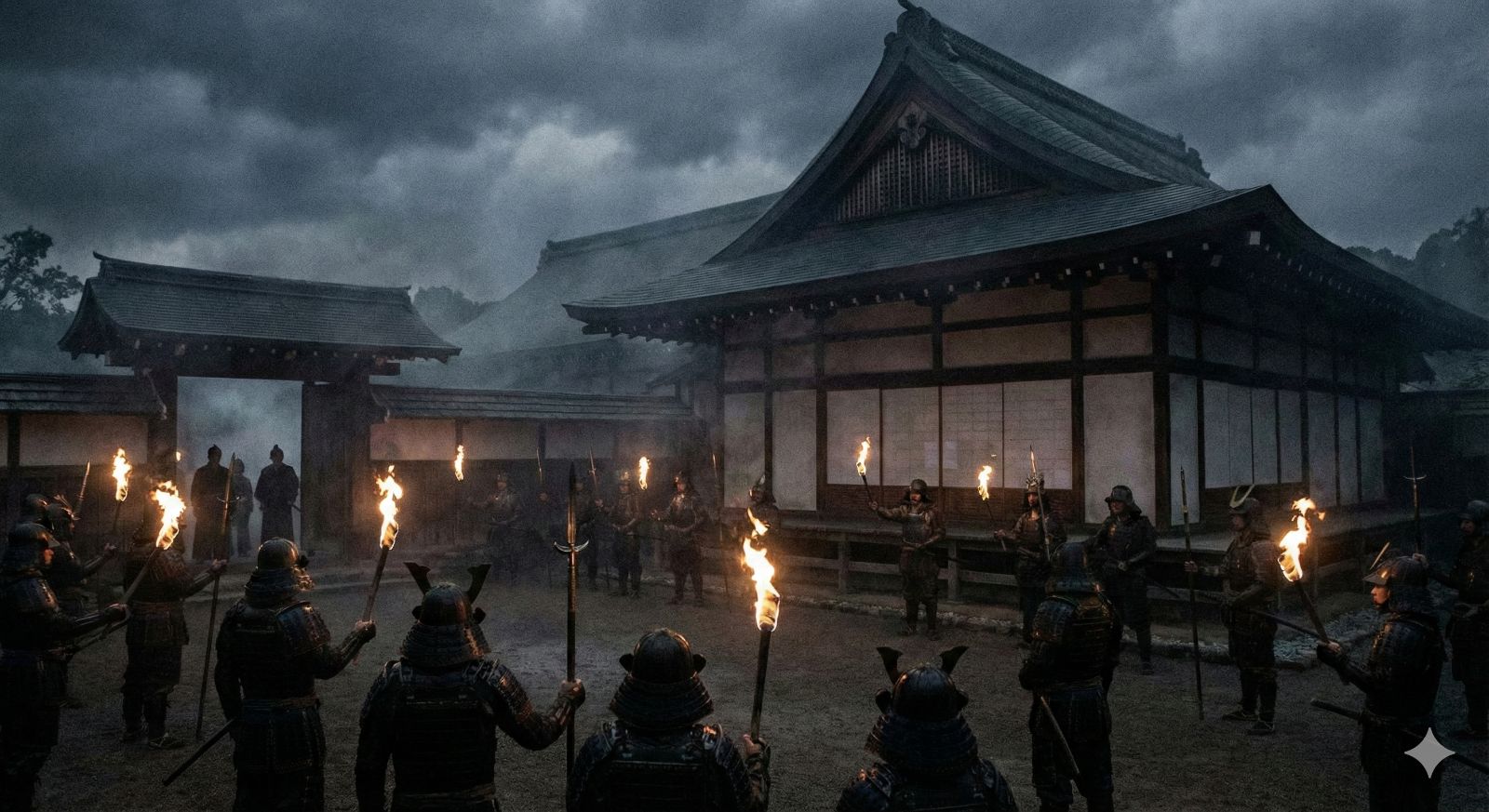 長屋王の屋敷が軍兵に取り囲まれ、緊迫した空気に包まれている夜の情景