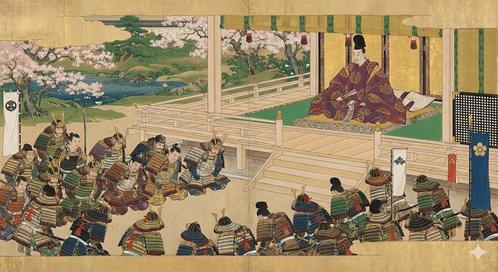 強大な権力を持つ上皇が、武士たちを従えている様子