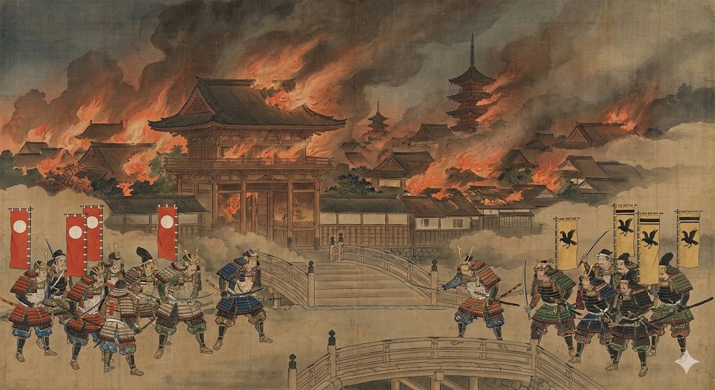 燃え上がる京都の町と、対立する二つの勢力の旗印