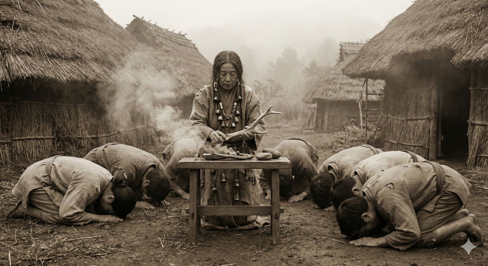 シャーマンのような女性が占いをし、人々がひれ伏している様子