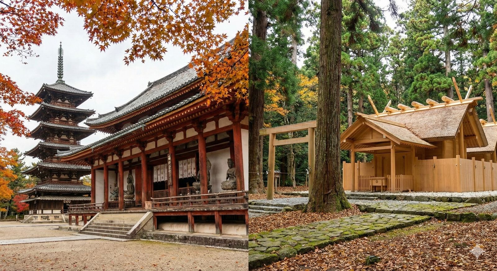 仏教の寺院と、日本の古い神社の対比イメージ