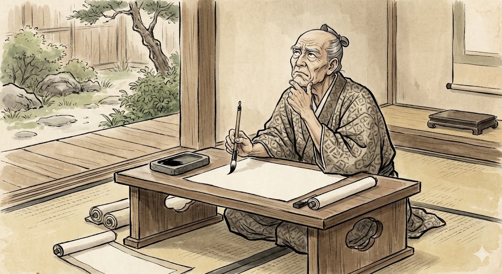 筆を持って悩みながら漢字を書こうとしている古代の日本の学者のイラスト