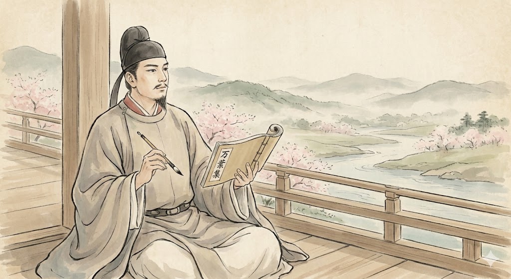 万葉集を手に取り、風景を眺めながら歌を詠む奈良時代の貴族の男性のイラスト