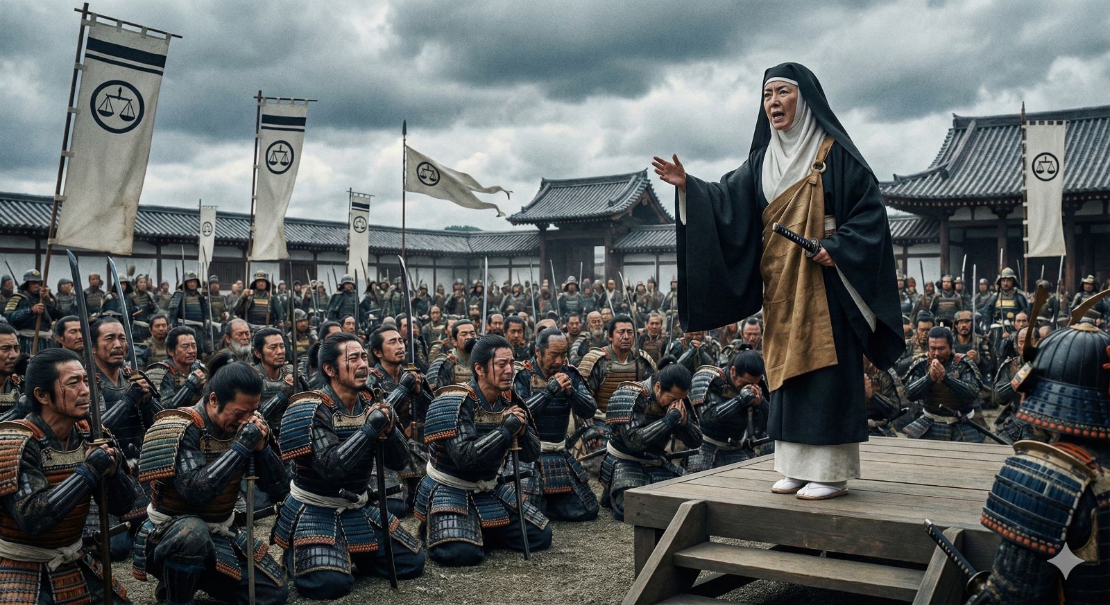 尼将軍として御家人を前に演説を行い、武士たちの心を掴んで承久の乱へ向かわせる北条政子の様子