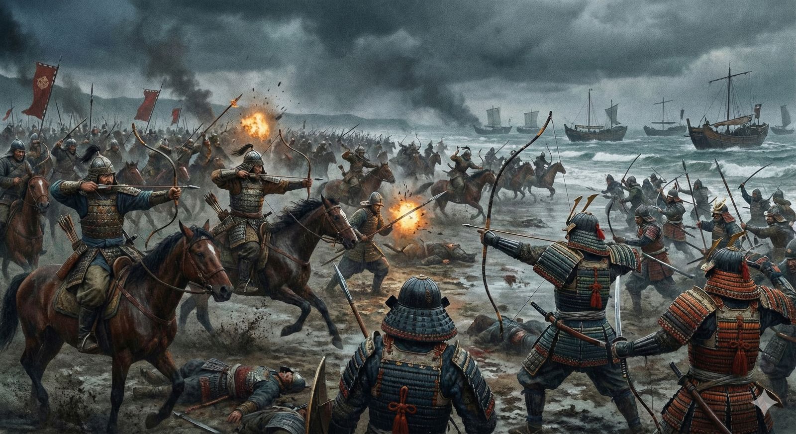 圧倒的な武力と集団戦法で日本に襲い掛かるモンゴル帝国の軍勢と、迎え撃つ鎌倉武士の激戦の様子