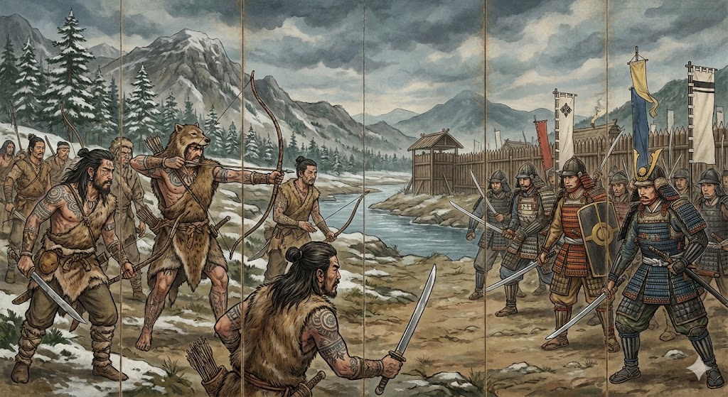 蝦夷の戦士と朝廷軍が対峙する様子