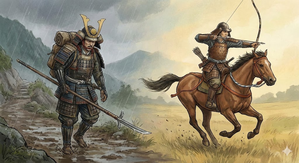 重い装備で歩く兵士と軽快に馬に乗る戦士の対比図