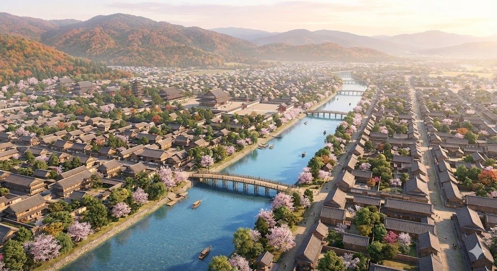 鴨川が流れる美しい平安京の鳥瞰イメージ