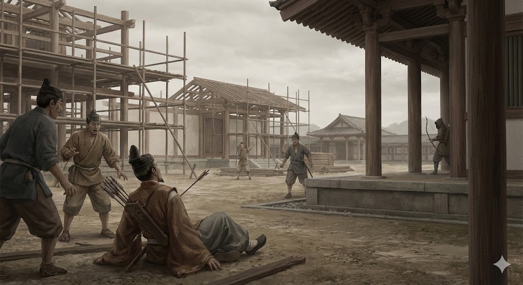 建設途中の長岡京で矢が放たれる暗殺現場のイメージ