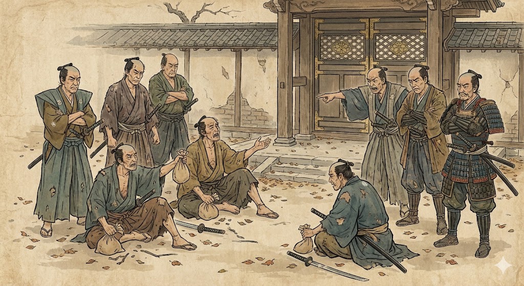 報酬を貰えず不満を抱く武士たちのイメージ