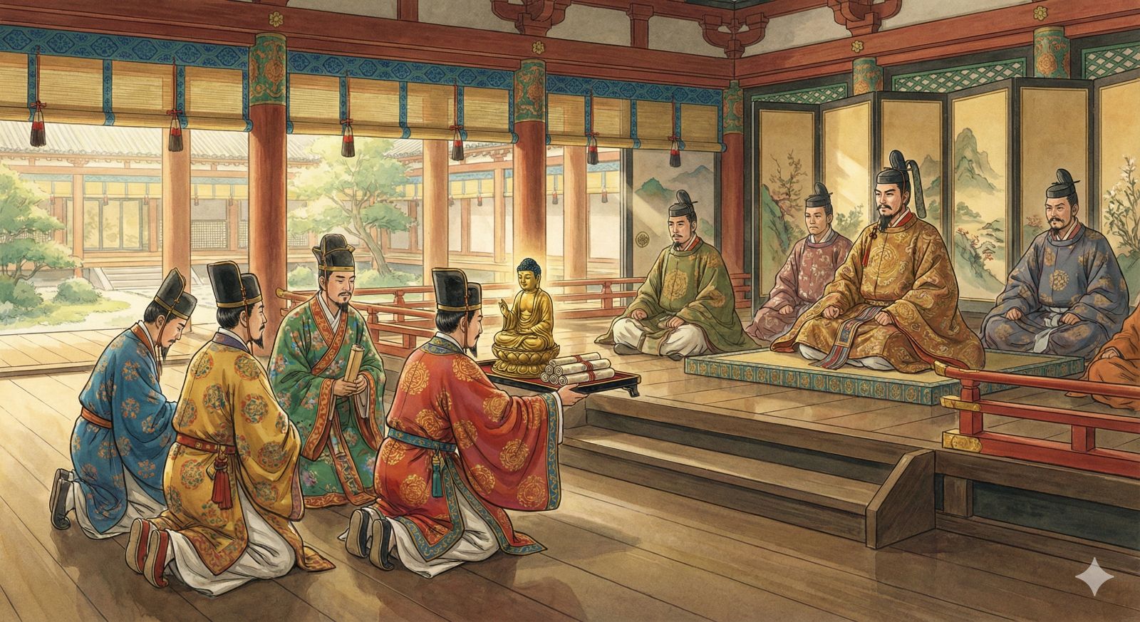  百済の使者が仏像と経典を日本の朝廷に献上しているシーン