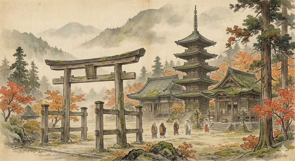 神社の鳥居と寺院の塔が混在する風景