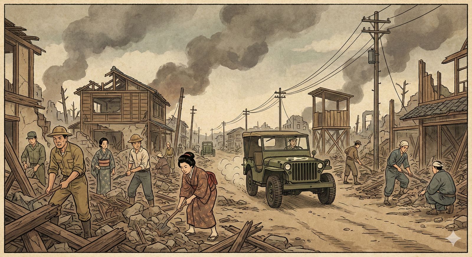 戦後の焼け野原から立ち上がろうとする人々と、街を走るジープのイラスト
