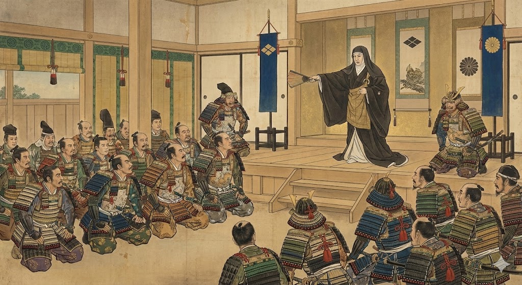 北条政子が御家人たちの前で演説を行おうとしている様子