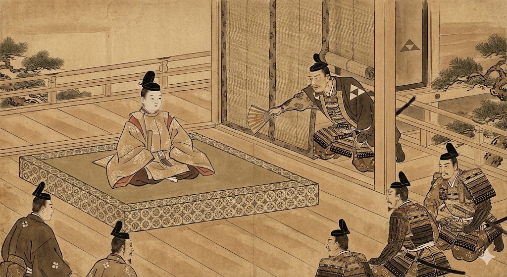 幼い貴族の子供が将軍の席に座り、後ろで北条氏が指示を出している様子