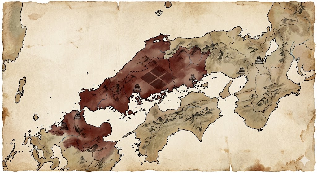 中国地方の地図と大内氏の支配領域を示す図版