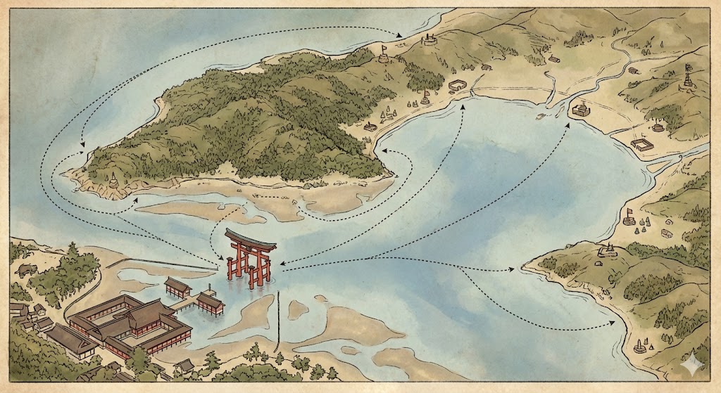 厳島神社の鳥居と周辺の地形を示す戦略的な画像