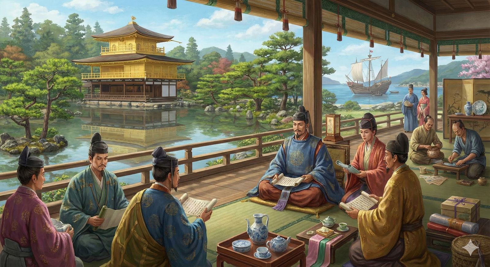 足利義満が南北朝の争いを収束させ、明との貿易で文化を栄えさせる様子