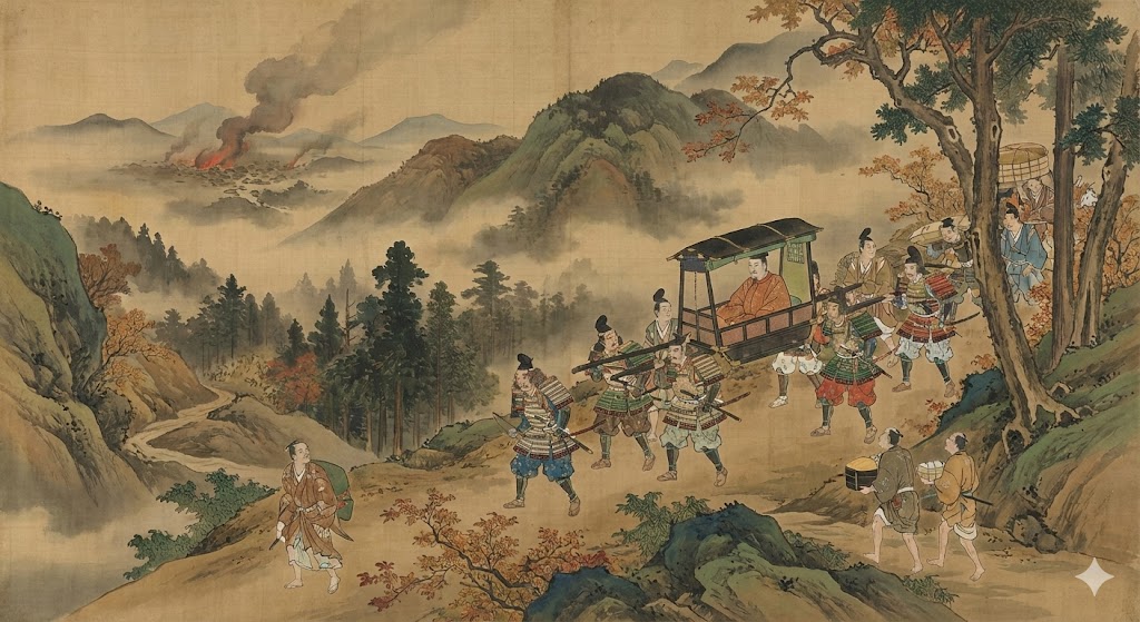 京都を追われた後醍醐天皇が吉野の山中へ向かう様子